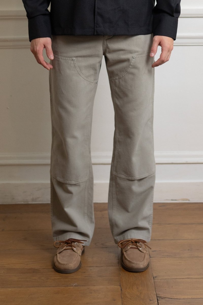 museum garments double knee pants sage green sergé coton brossé italien renforts frontaux rivets métal aura store renness