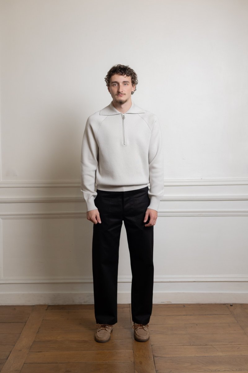 museum garments raglan zip polo sweater light heather grey mérinos extrafine coton bio col polo zippé aura store rennes