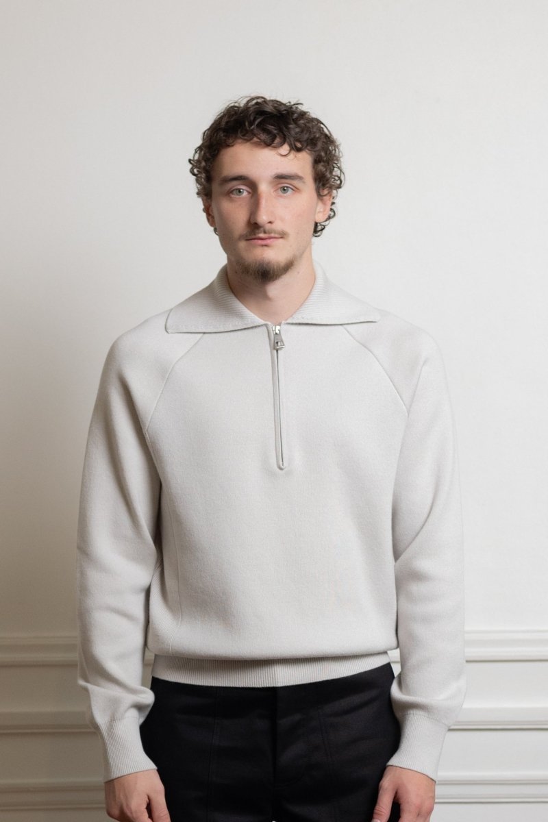museum garments raglan zip polo sweater light heather grey mérinos extrafine coton bio col polo zippé aura store renness