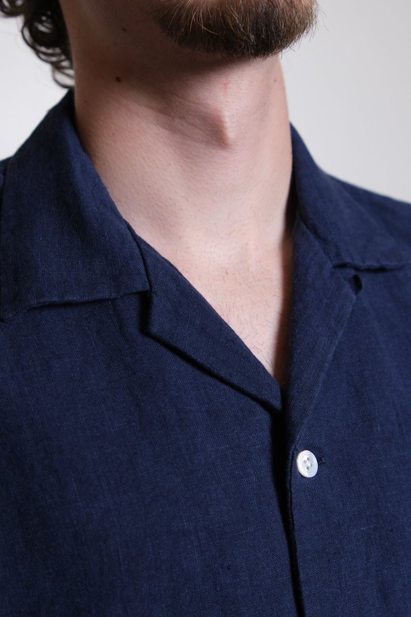 Shonan Beach Navy (Linen) - Kamakura Shirt - détail col ouvert
