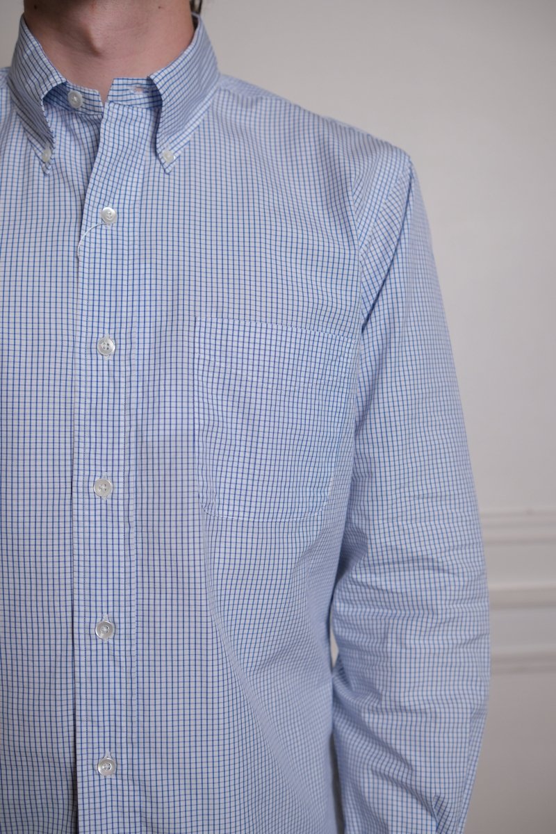Vintage Ivy Graph Check Poplin Blue - Kamakura Shirt - détail boutons nacre