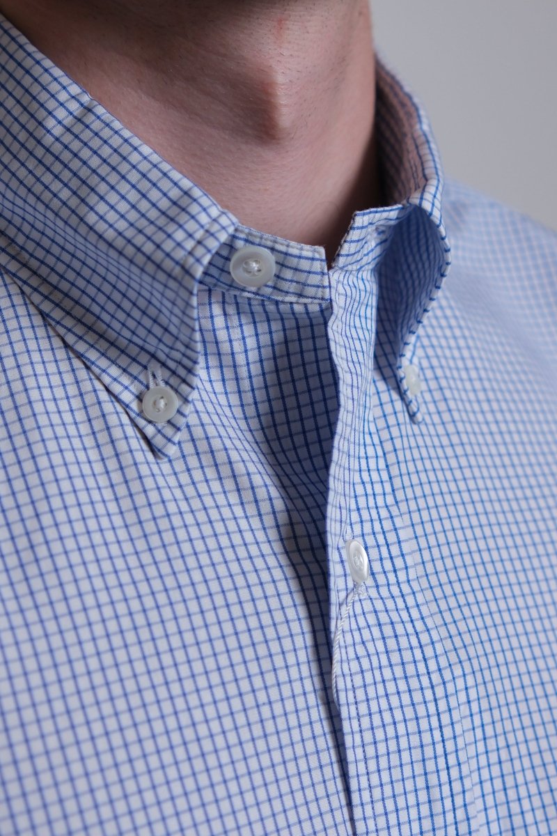 Vintage Ivy Graph Check Poplin Blue - Kamakura Shirt - détail col button-down