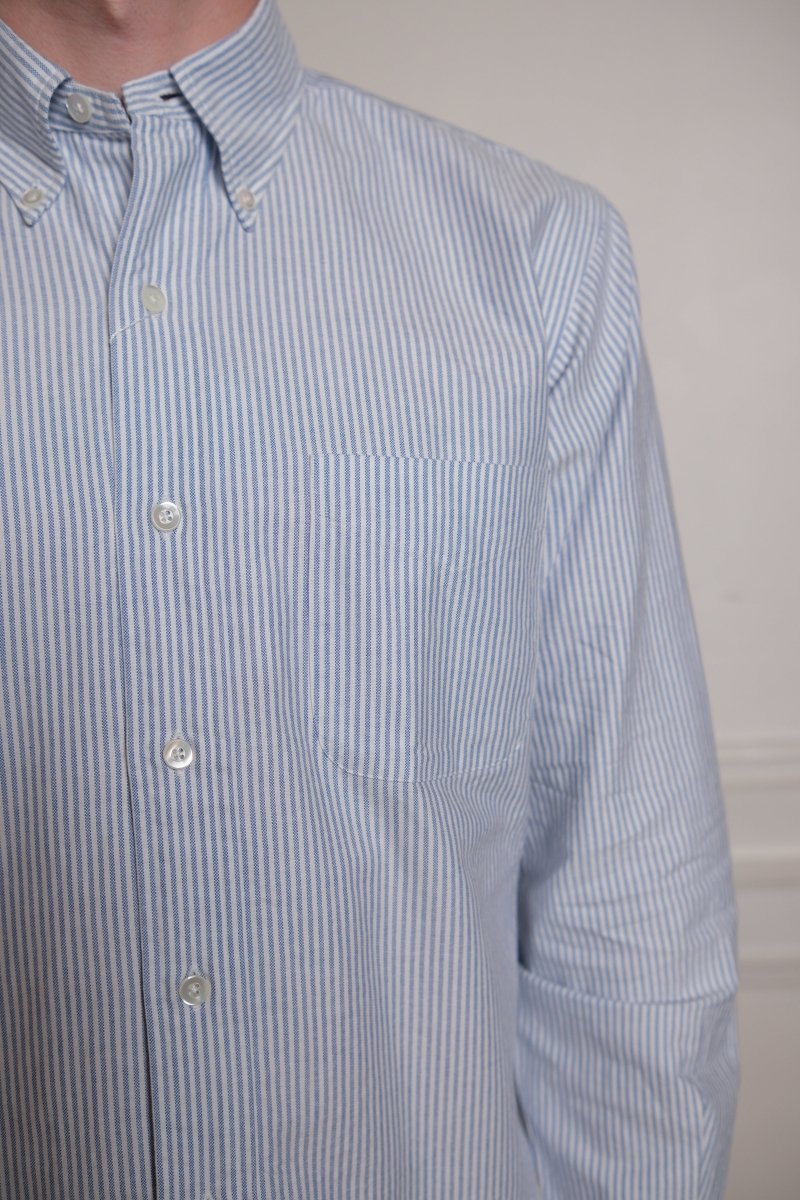 Vintage Ivy University Stripe Button Down Oxford Blue - Kamakura Shirt - détail poignets plissés