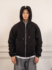 hooded flight jacket - black - Pop Trading Company - vue de face portée, capuche relevée
