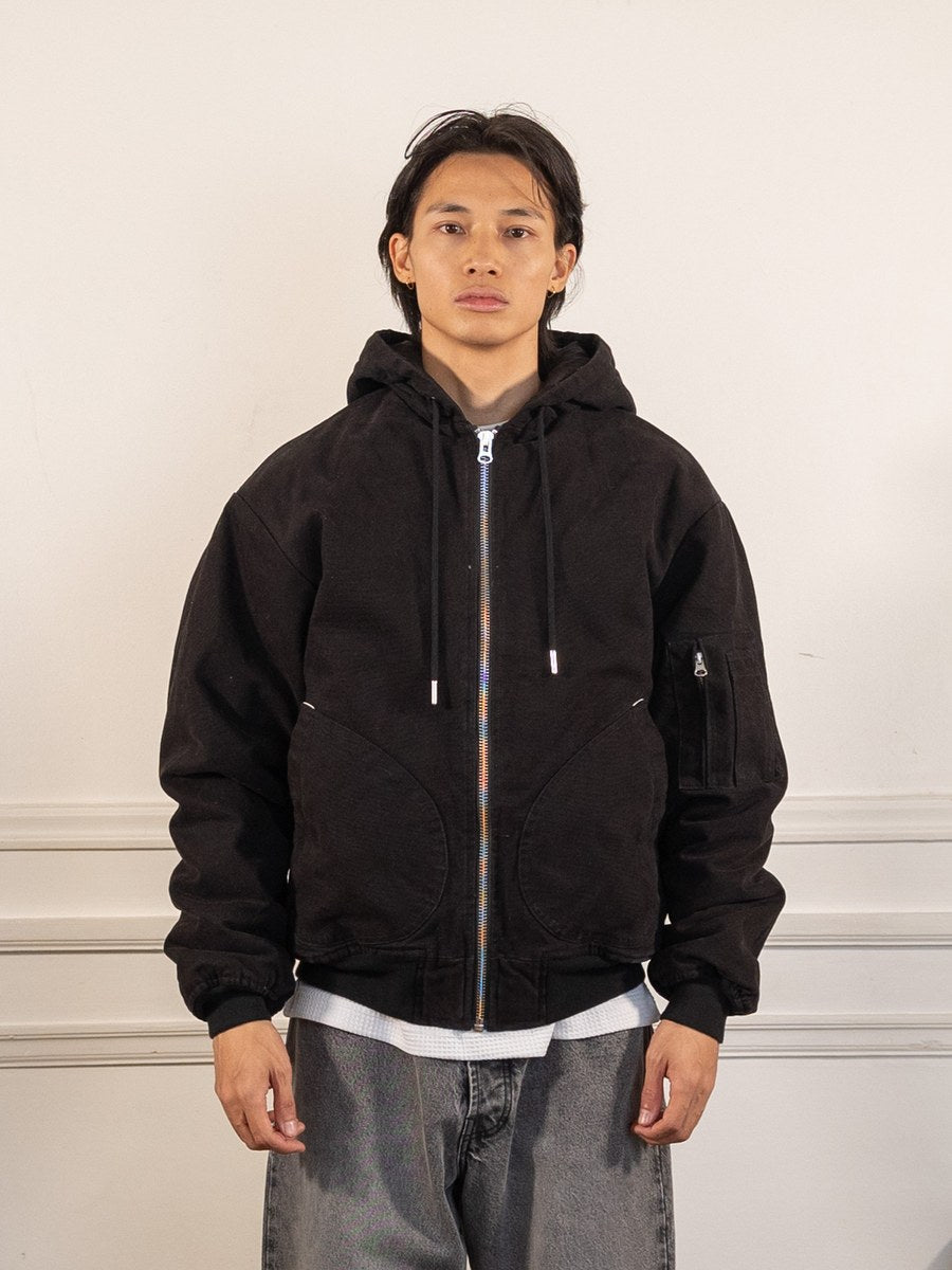 hooded flight jacket - black - Pop Trading Company - vue de face portée, veste fermée
