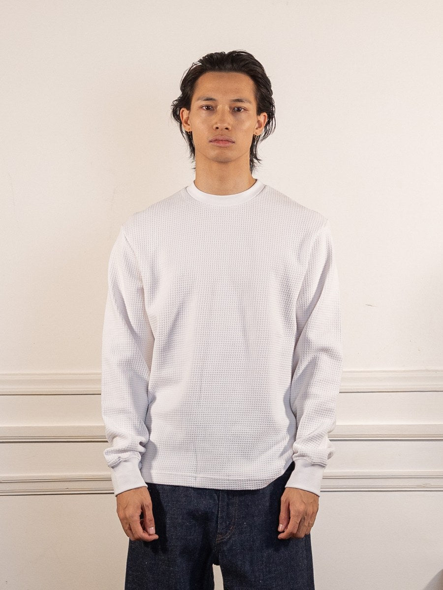 Thermal Waffle Long Sleeve Tee - White - Power Goods - vue de face portée