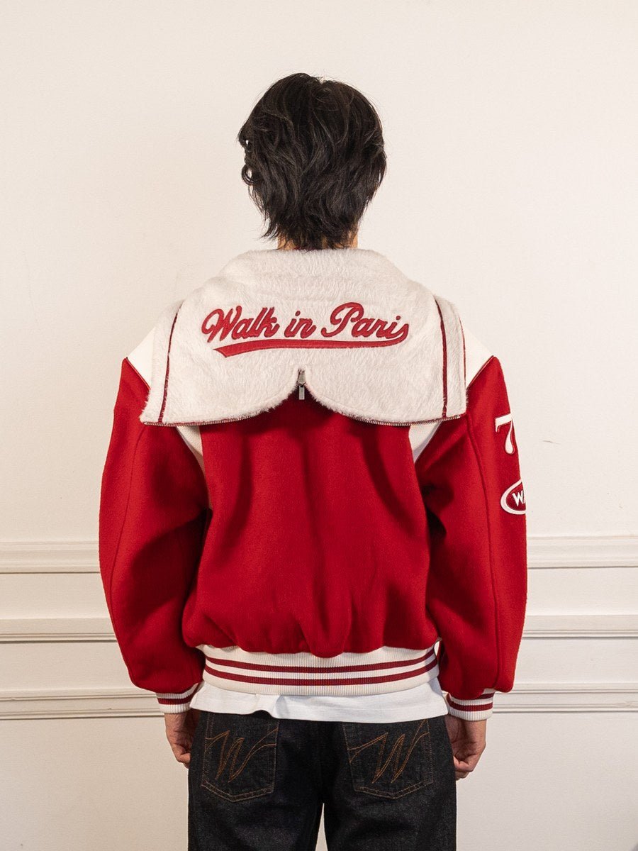 La Varsity Jacket du Postier en laine rouge - Walk in Paris - vue de dos portée