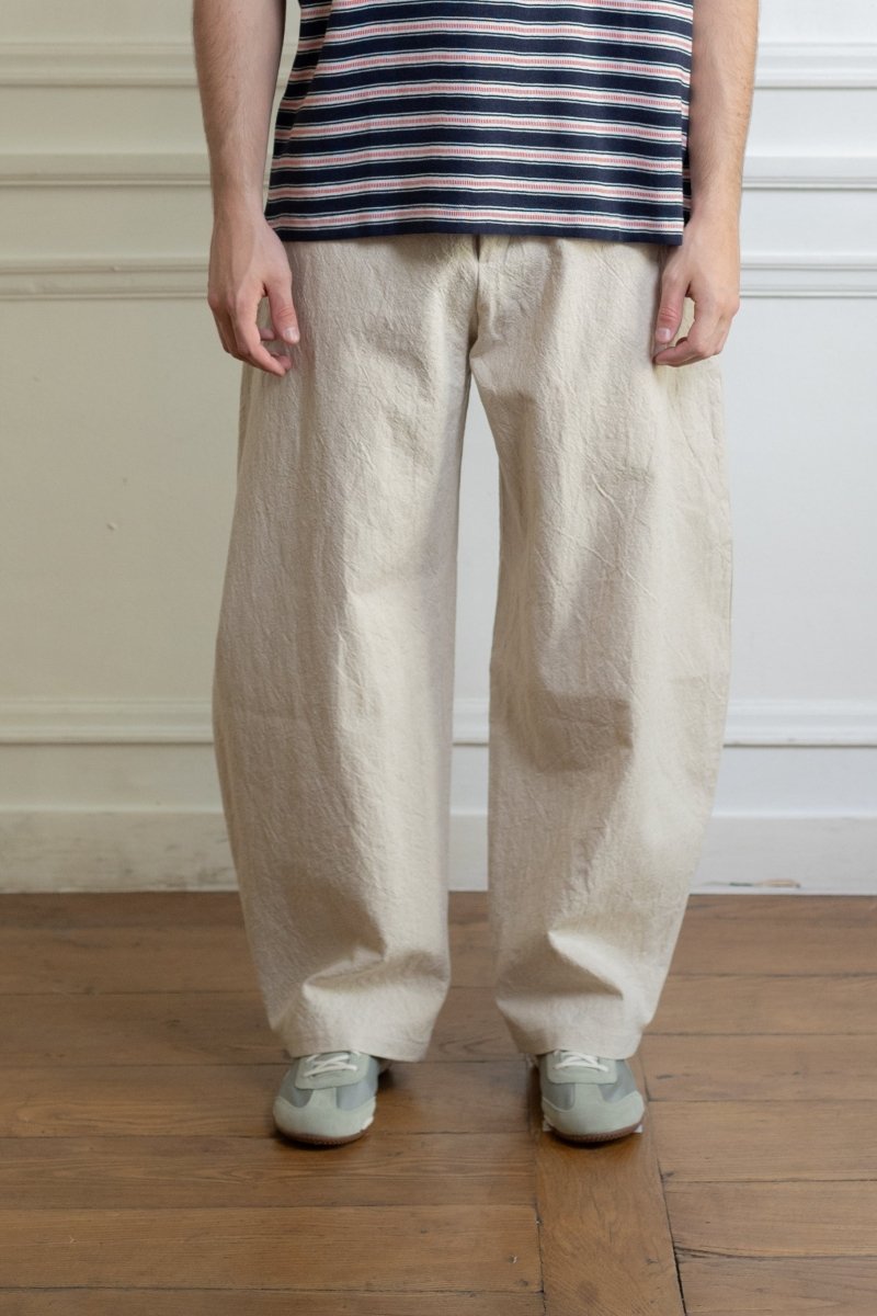 ymc like a trouser barrel pants stone toile coton-lin japonaise demi-doublure viscose