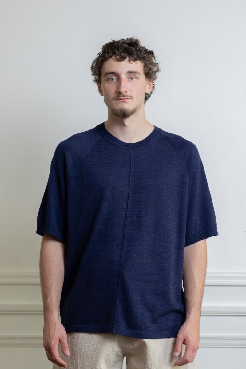 ymc raglan triple t-shirt navy coton mercerisé lin emmanchures raglan — photo 2