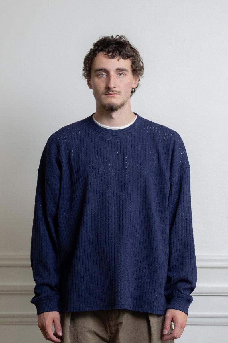 ymc studio sweatshirt navy jersey coton perforé bande encolure rapportée — photo 2