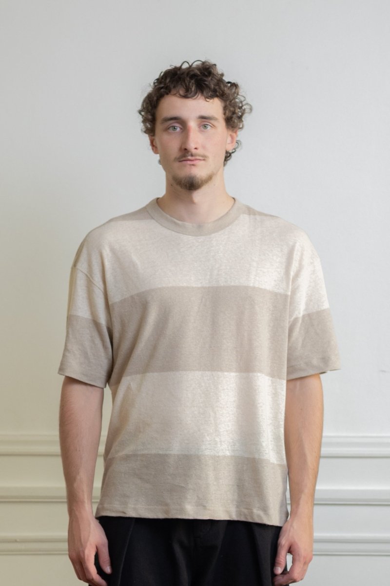 ymc triple t-shirt beige stone coton-lin rayures larges bicolores